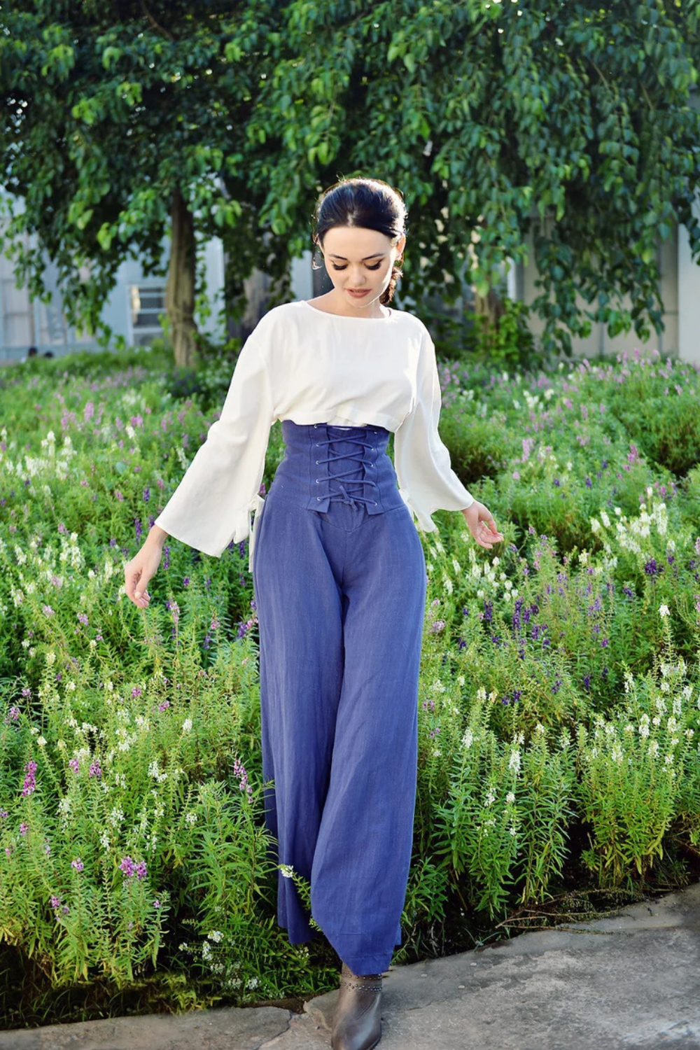 High Waisted Linen Pants with Lace-Up Waist