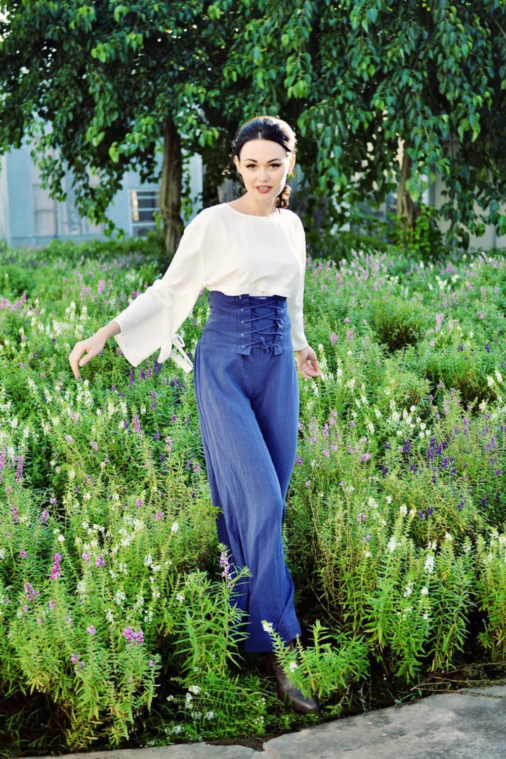 High Waisted Linen Pants with Lace-Up Waist