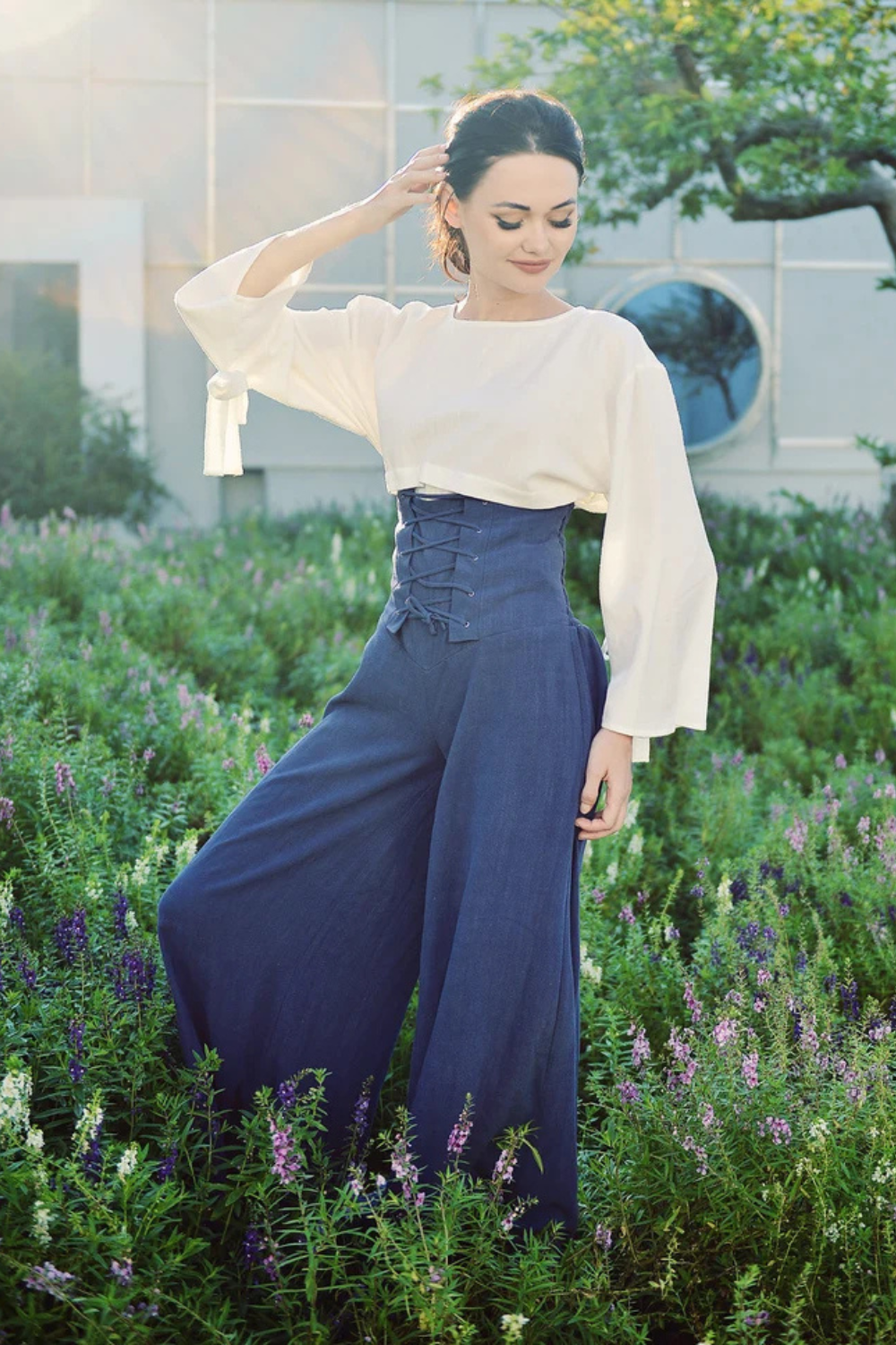 High Waisted Linen Pants with Lace-Up Waist