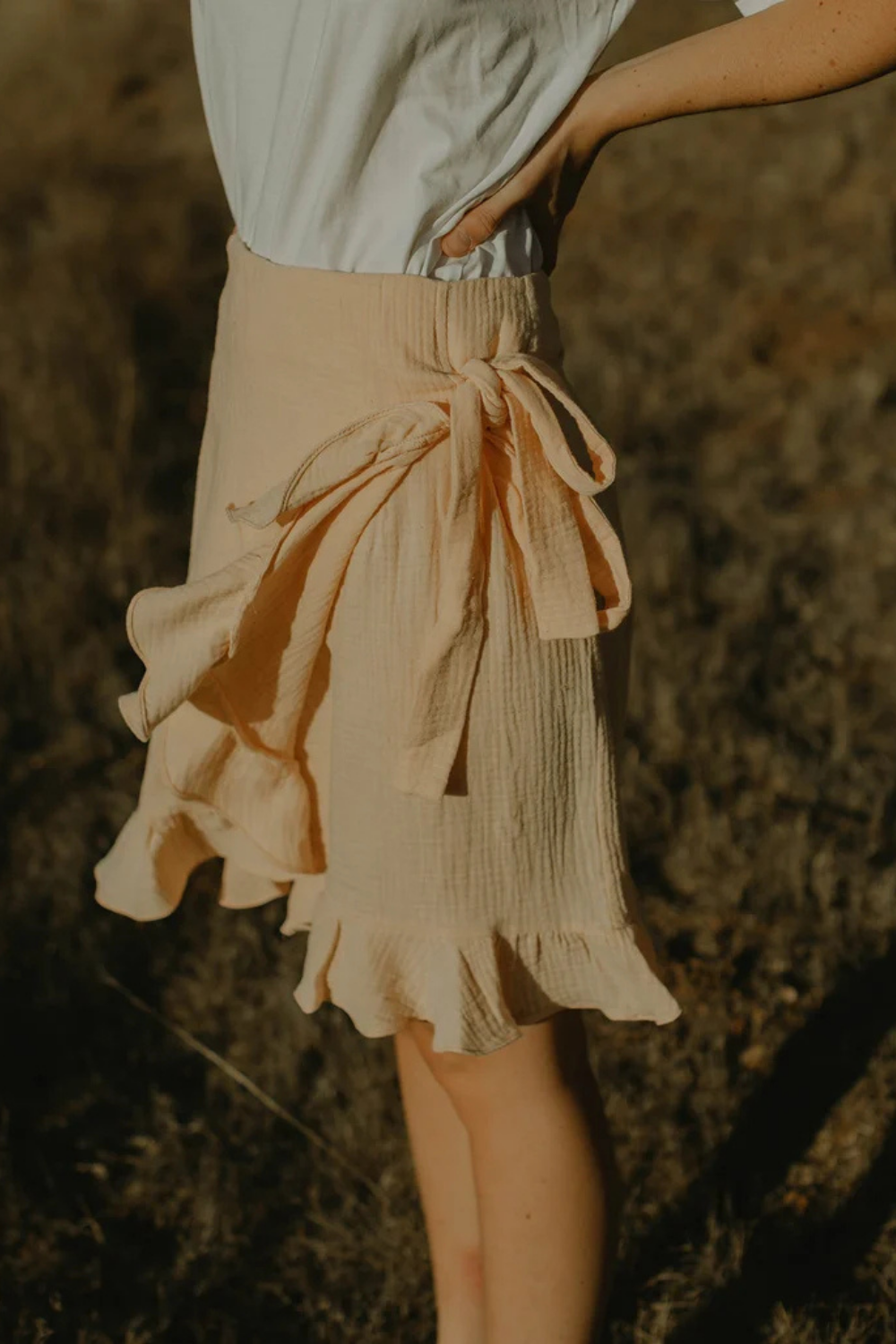 Linen Ruffle Wrap Skirt with Bow Tie