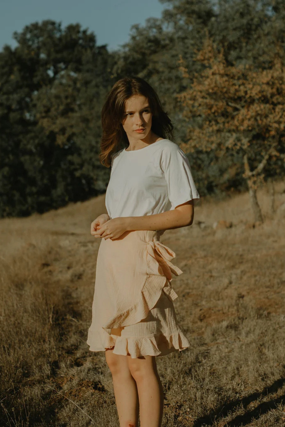 Linen Ruffle Wrap Skirt with Bow Tie