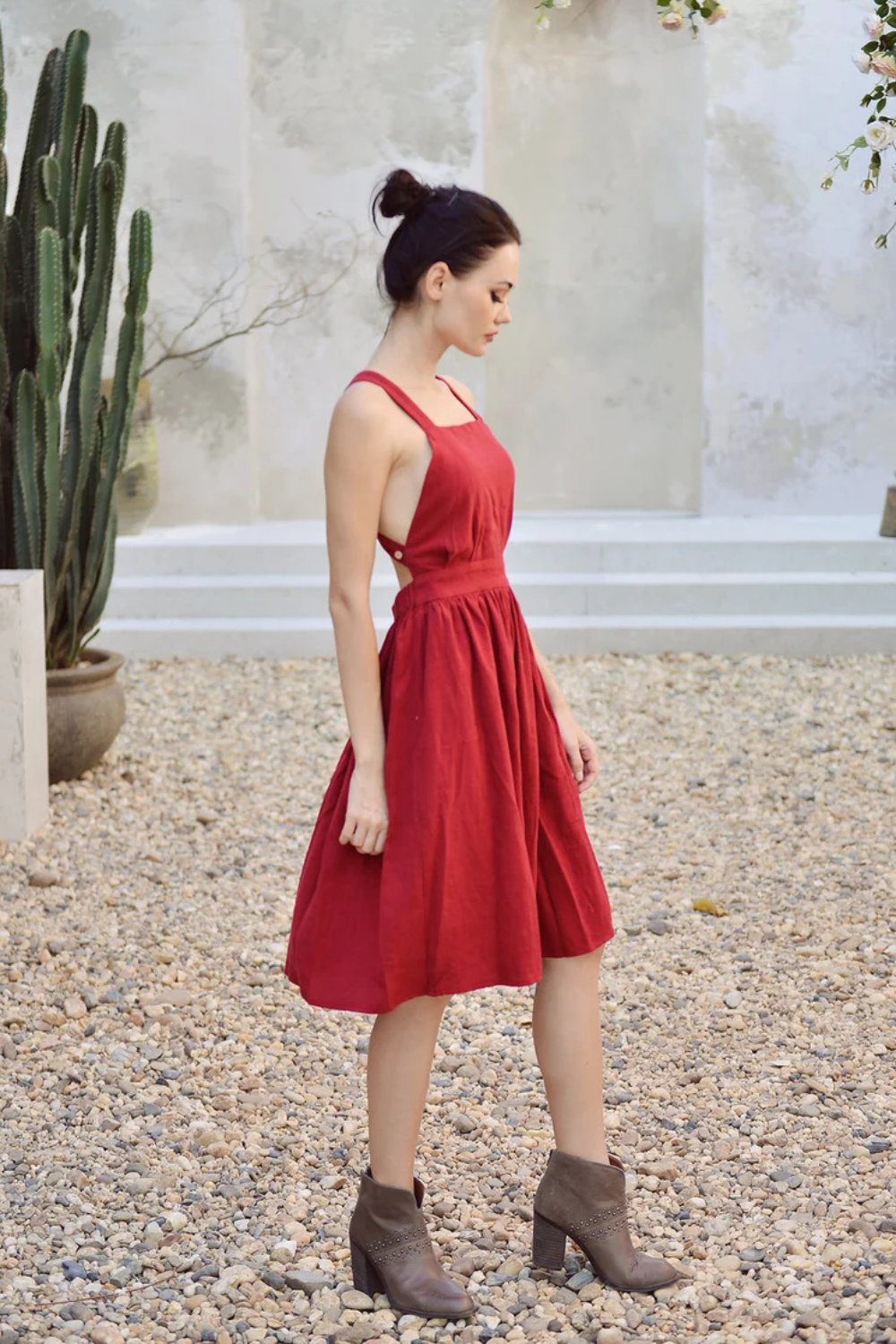 Red Cotton Cross Back Apron Dress