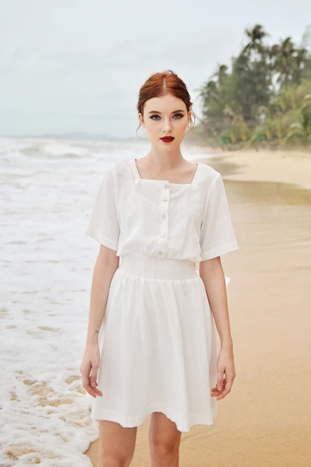 Cotton Mini Dress - White Linen Dress - Summer White Dress - Square neck - Short Sleeves - Button Down