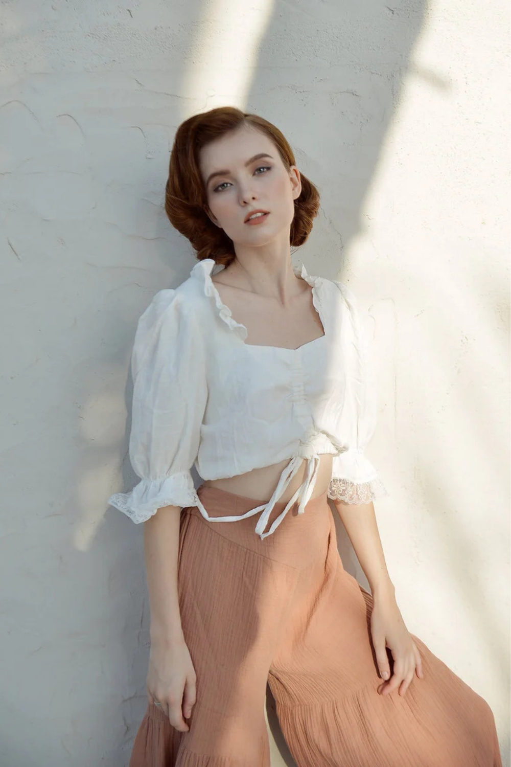 Cotton Crop Top with Lace Sleeves