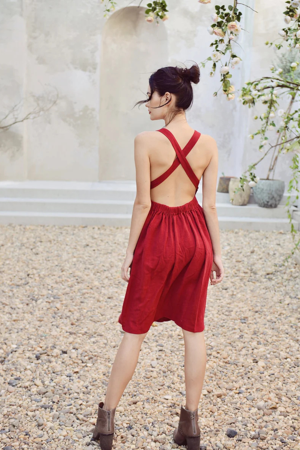 Red Cotton Cross Back Apron Dress