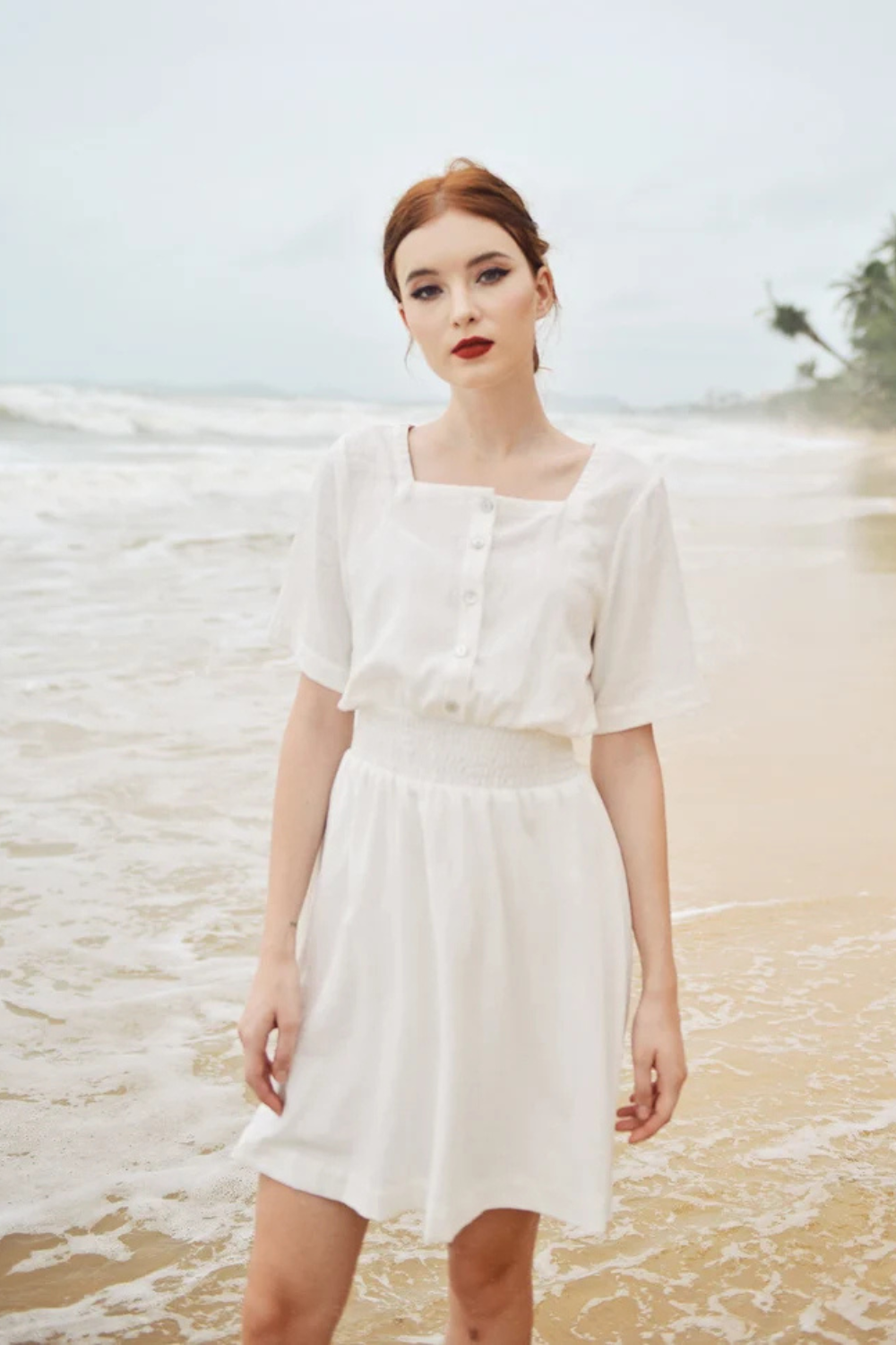 Cotton Mini Dress - White Linen Dress - Summer White Dress - Square neck - Short Sleeves - Button Down