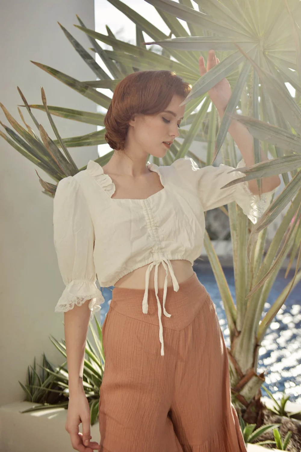 Cotton Crop Top with Lace Sleeves
