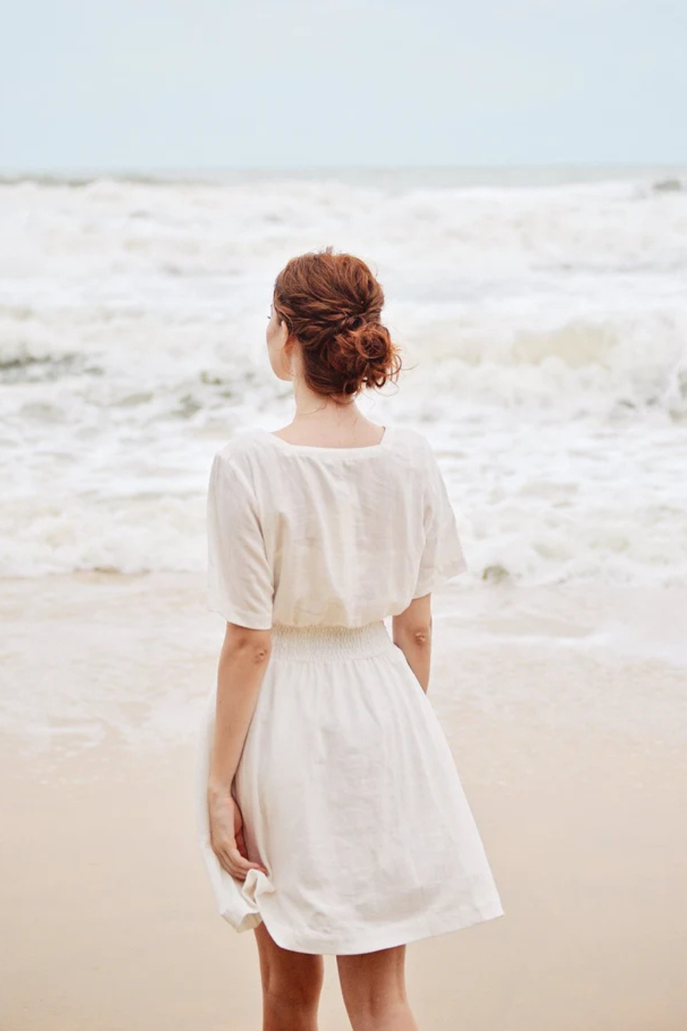 Cotton Mini Dress - White Linen Dress - Summer White Dress - Square neck - Short Sleeves - Button Down