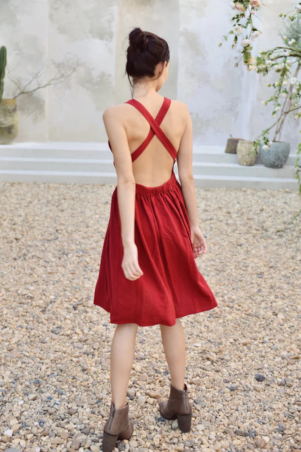 Red Cotton Cross Back Apron Dress