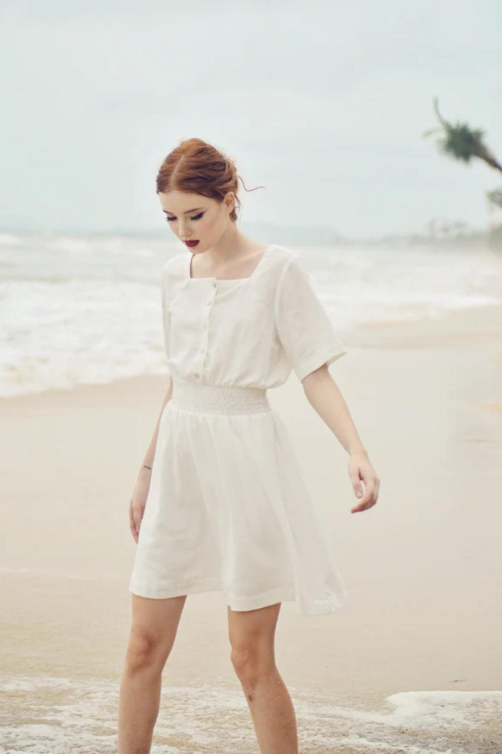Cotton Mini Dress - White Linen Dress - Summer White Dress - Square neck - Short Sleeves - Button Down