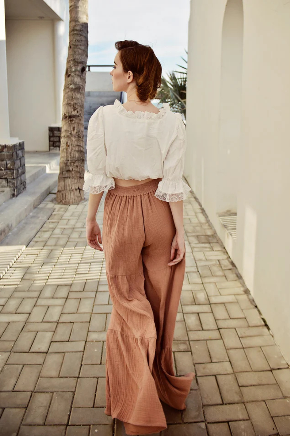 Cotton Crop Top with Lace Sleeves