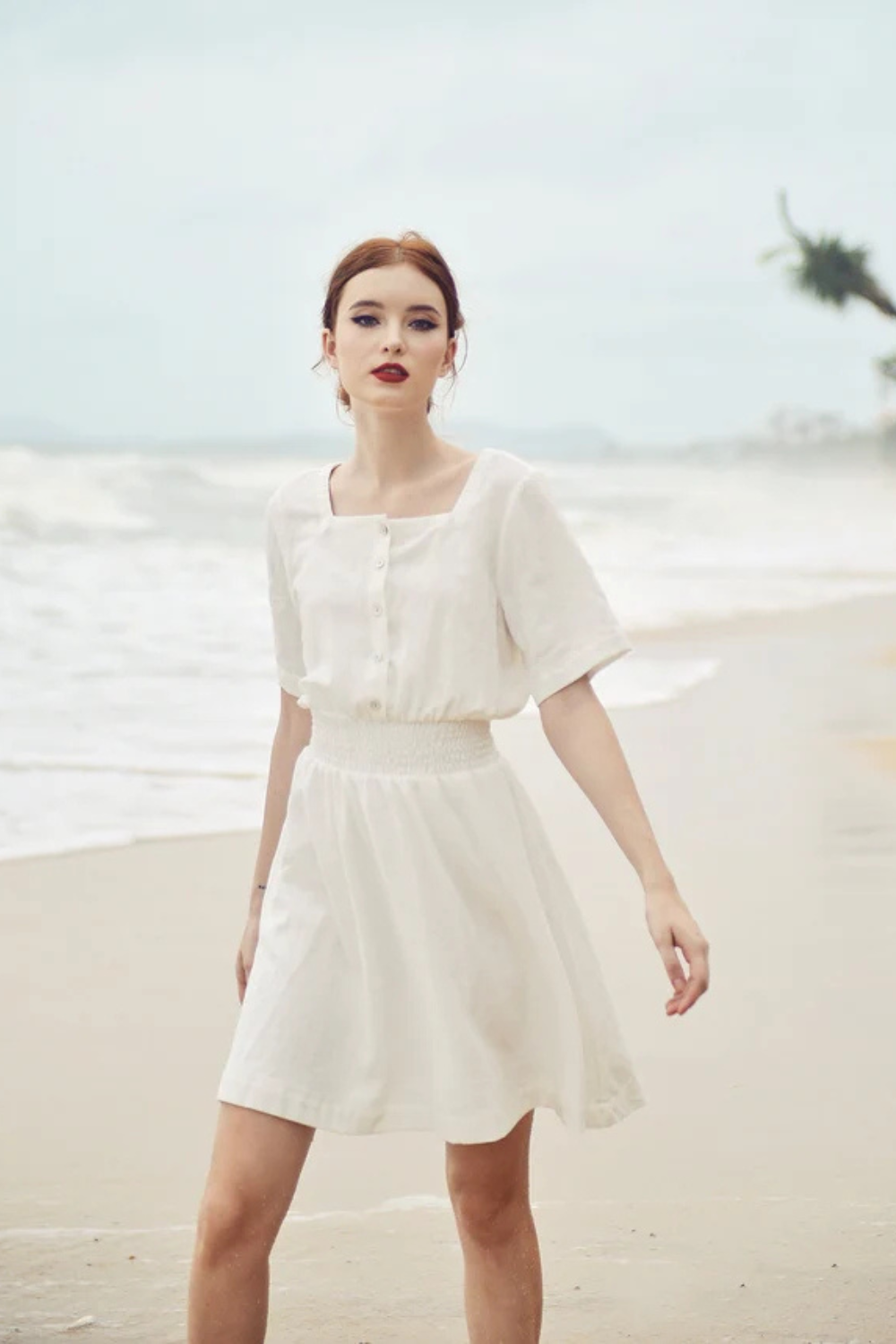 Cotton Mini Dress - White Linen Dress - Summer White Dress - Square neck - Short Sleeves - Button Down