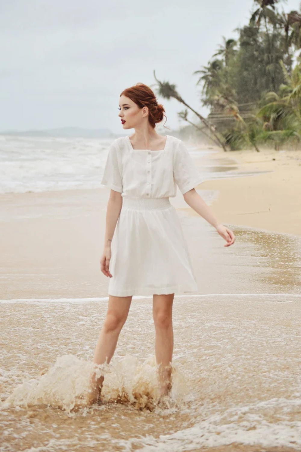 Cotton Mini Dress - White Linen Dress - Summer White Dress - Square neck - Short Sleeves - Button Down