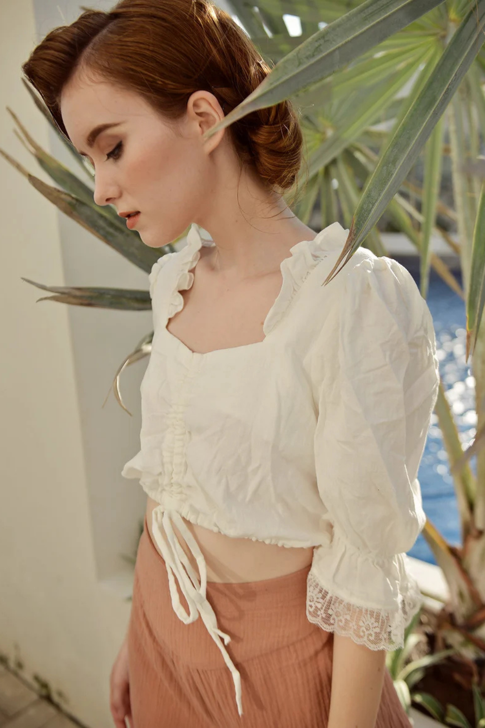 Cotton Crop Top with Lace Sleeves
