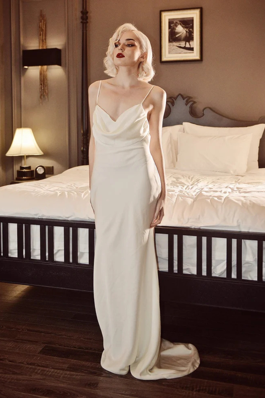 Cowl Neck Silk Dress - Silk Dress with Train - Ivory Silk Dress - Simple Bridal Gown
