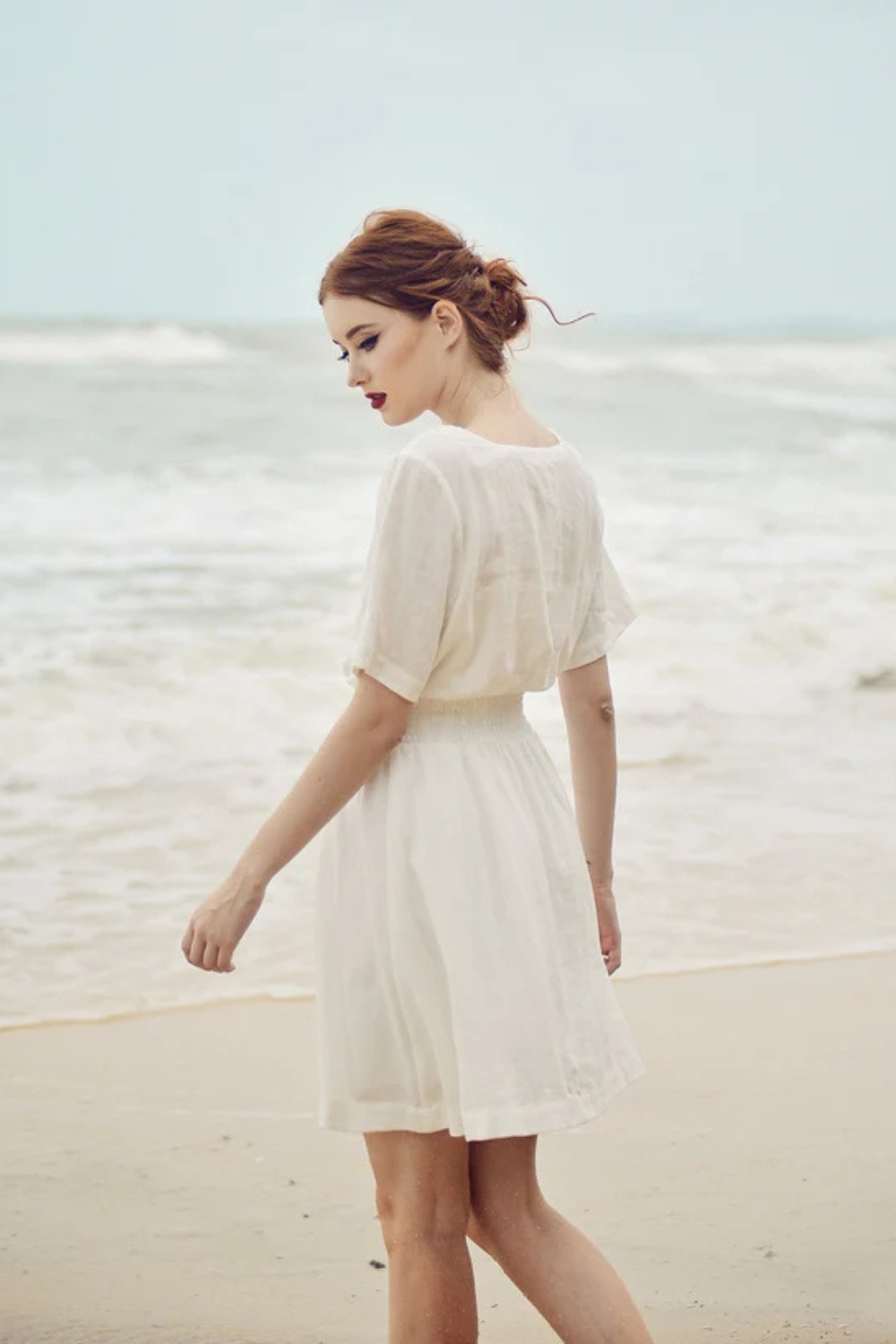 Cotton Mini Dress - White Linen Dress - Summer White Dress - Square neck - Short Sleeves - Button Down