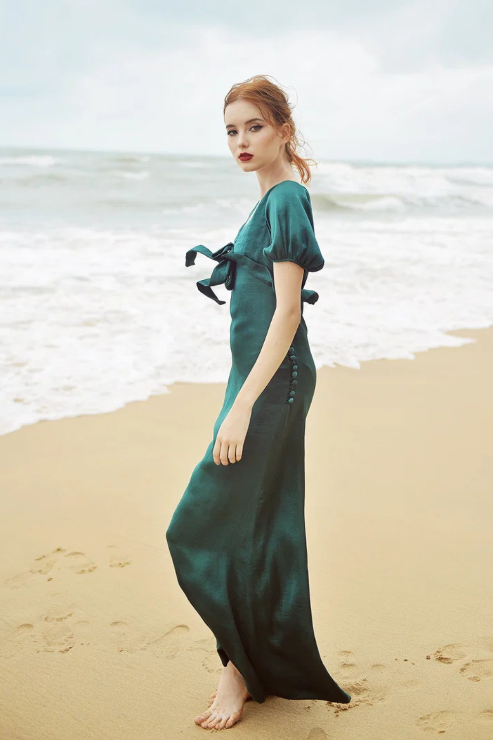 Maxi Silk Dress - Emerald Silk Dress - Silk Dress with Sleeves - Bridesmaids Silk Dress - Long Silk Gown
