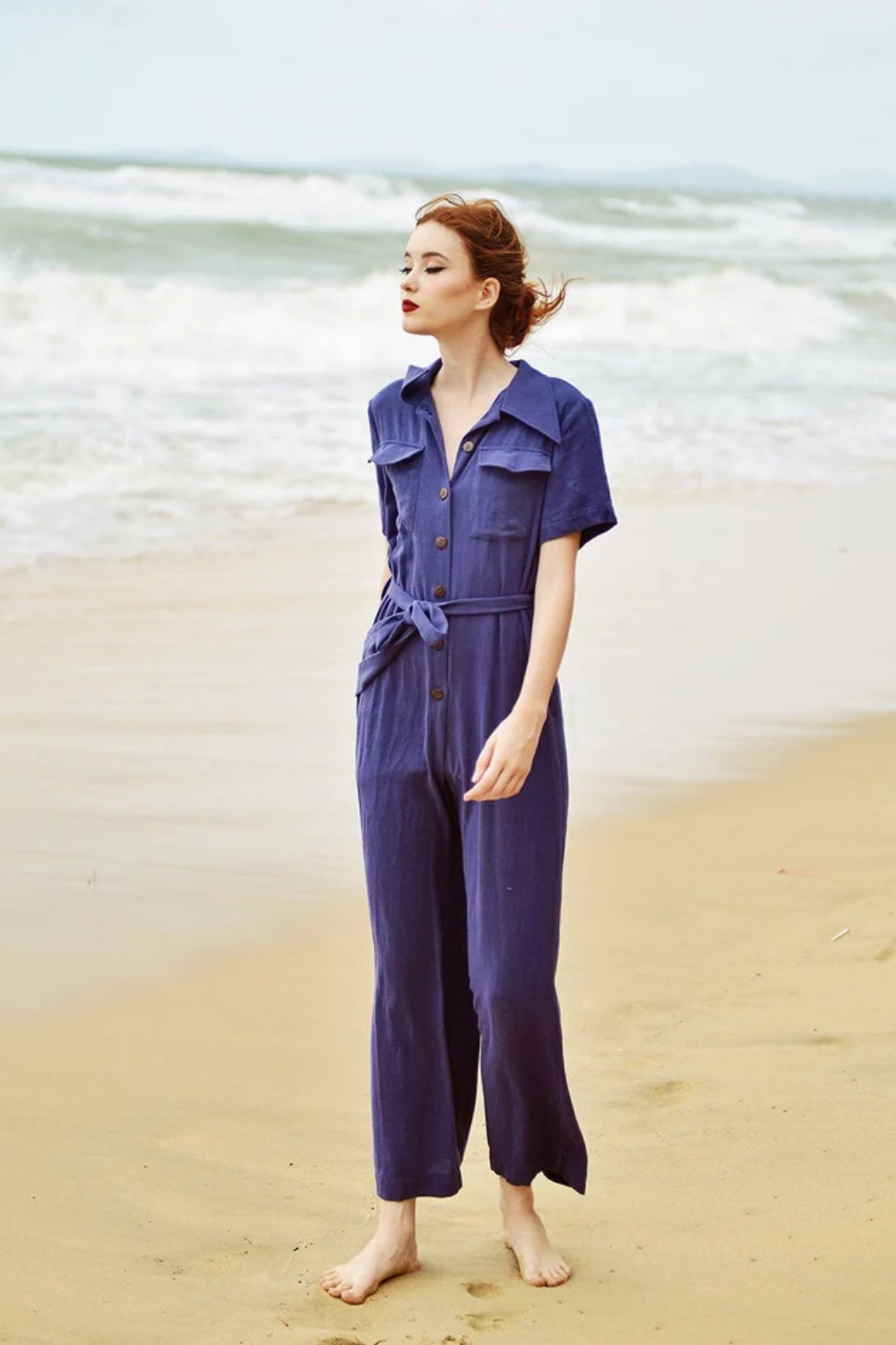 Women Casual Jumpsuit with Buttons - Linen Women Overalls - Cotton Romper with Short Sleeves
