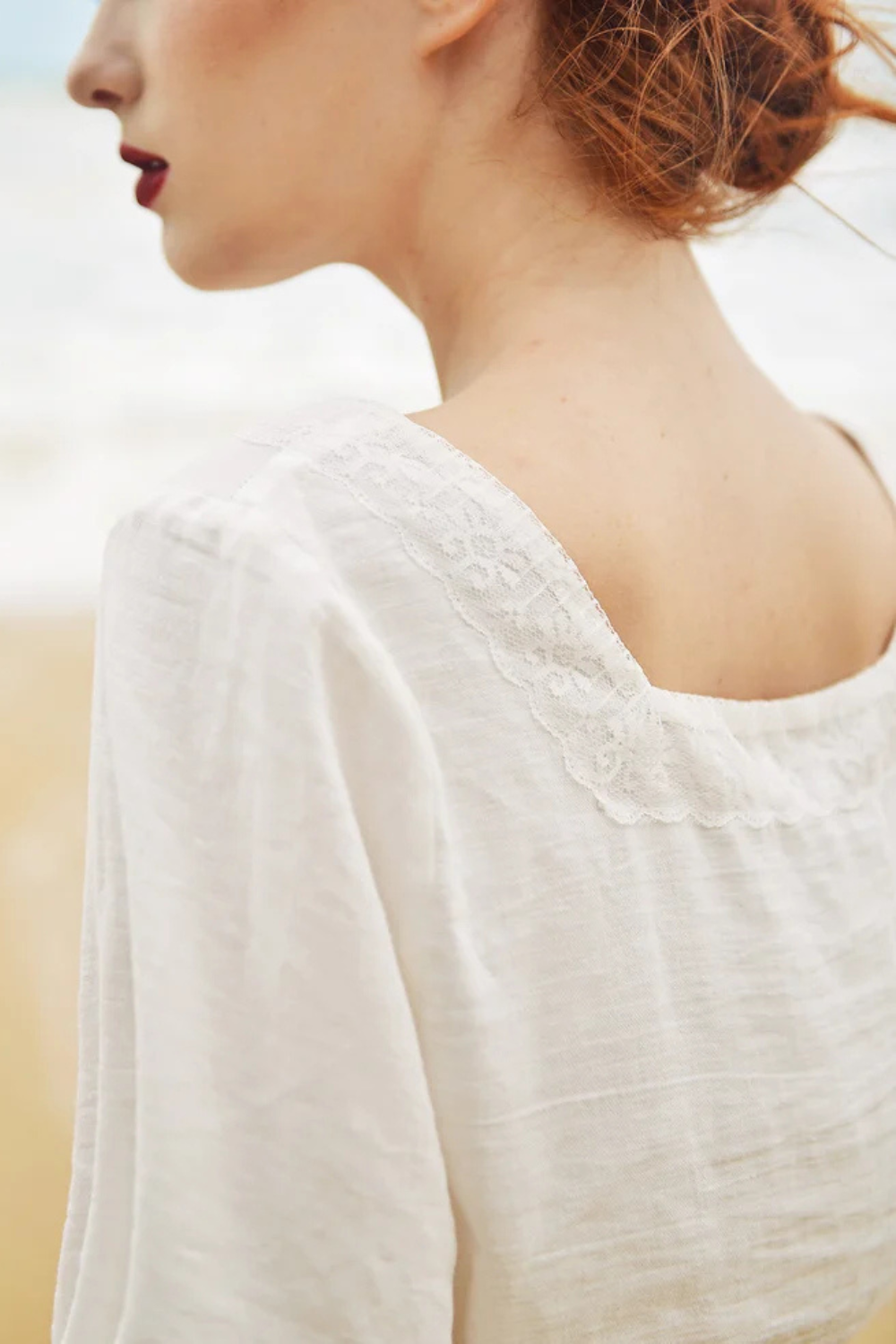 Cotton Linen Crop Top with Lace Embroidery