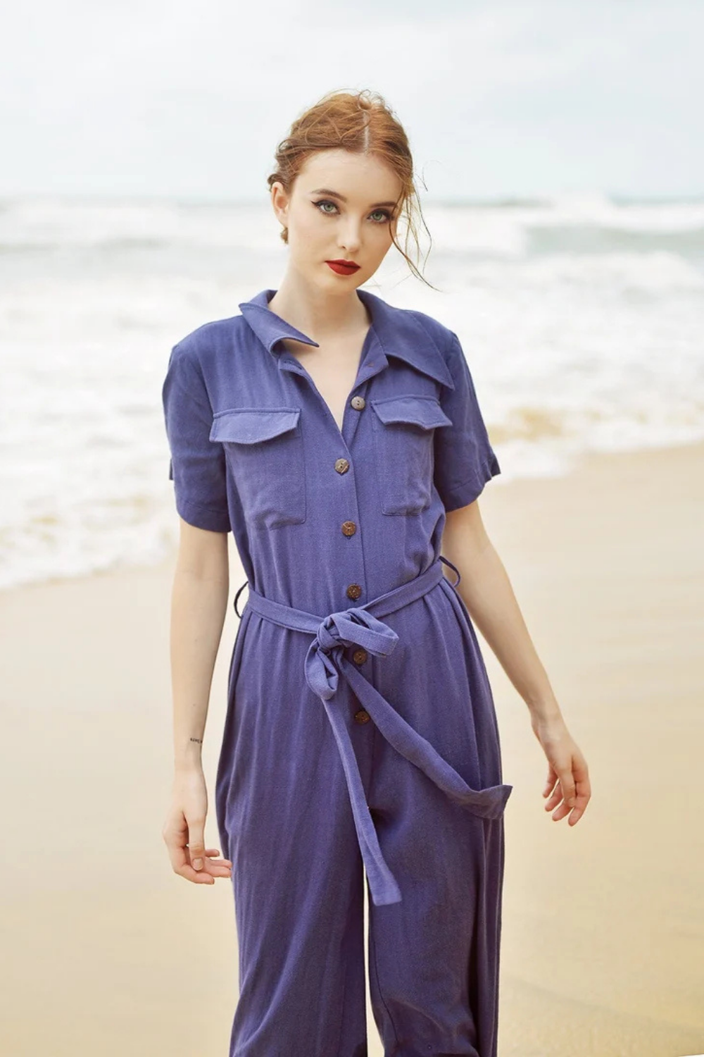 Women Casual Jumpsuit with Buttons - Linen Women Overalls - Cotton Romper with Short Sleeves