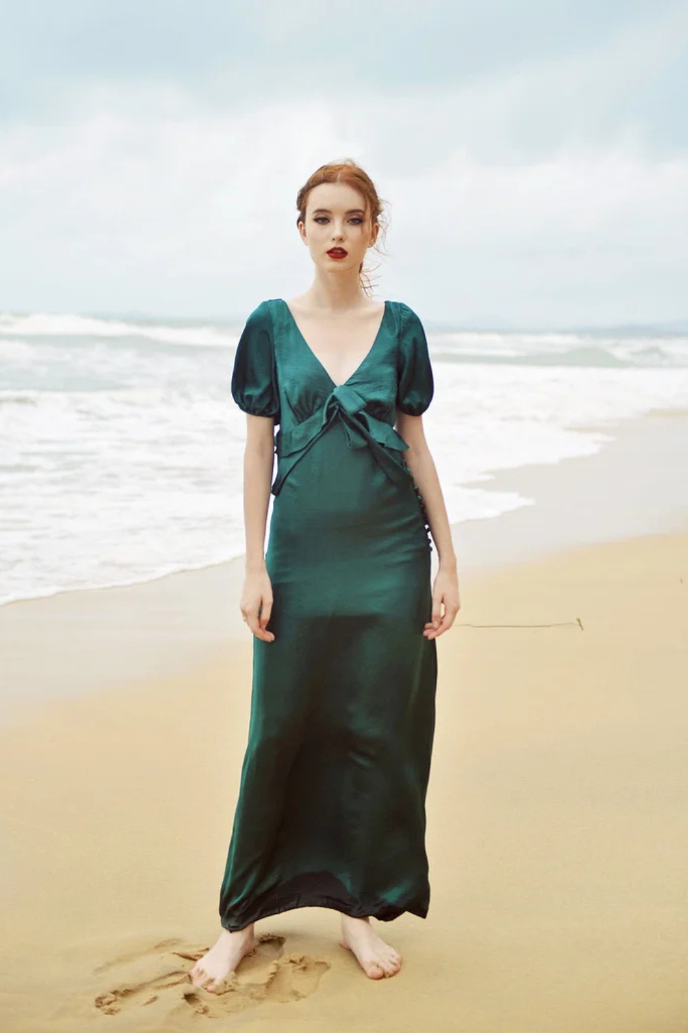 Maxi Silk Dress - Emerald Silk Dress - Silk Dress with Sleeves - Bridesmaids Silk Dress - Long Silk Gown