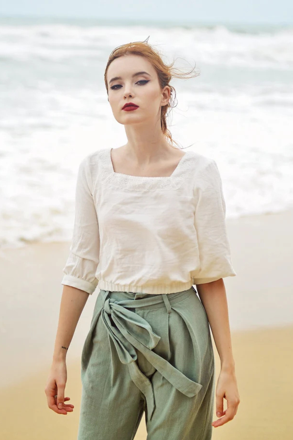 Cotton Linen Crop Top with Lace Embroidery