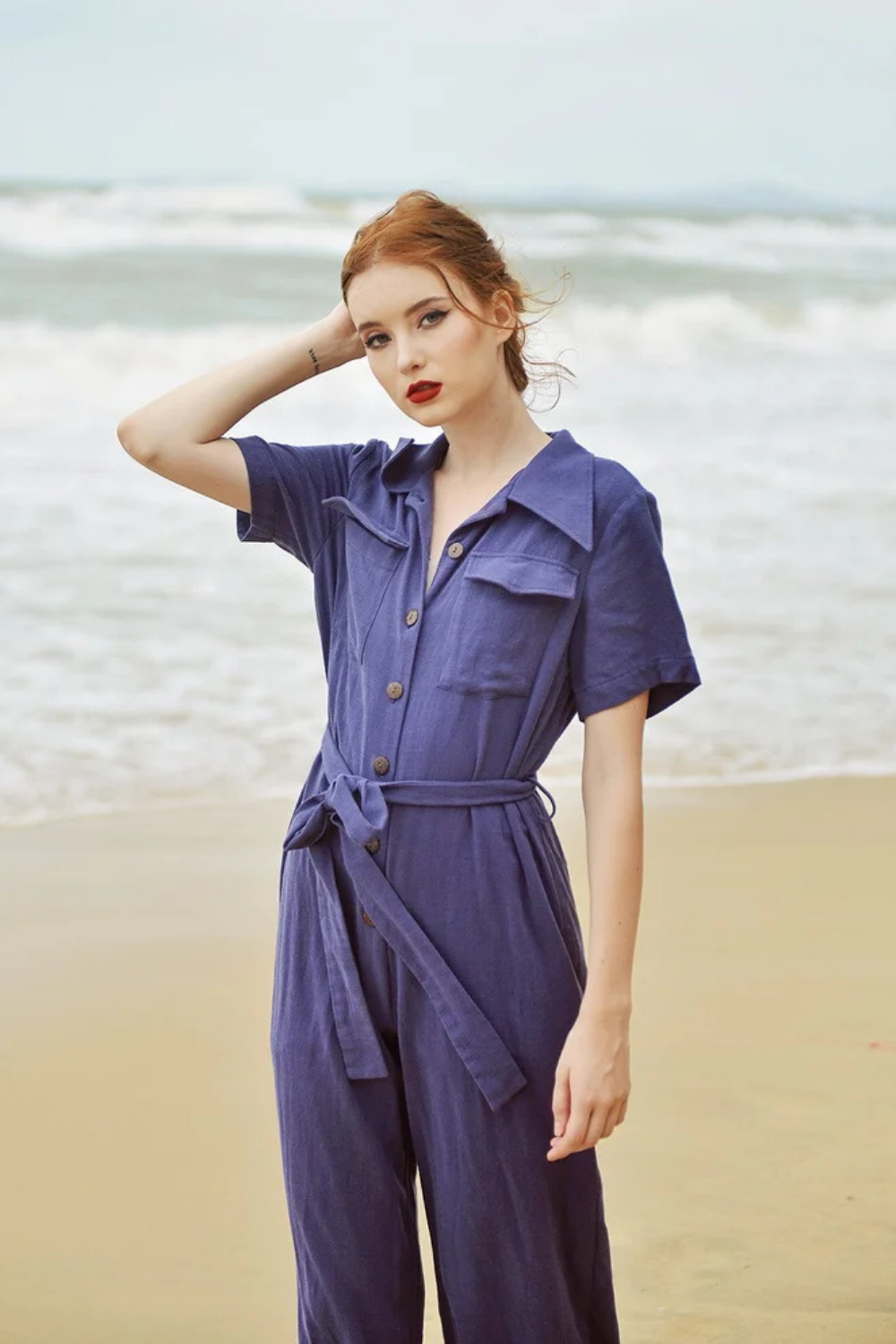 Women Casual Jumpsuit with Buttons - Linen Women Overalls - Cotton Romper with Short Sleeves