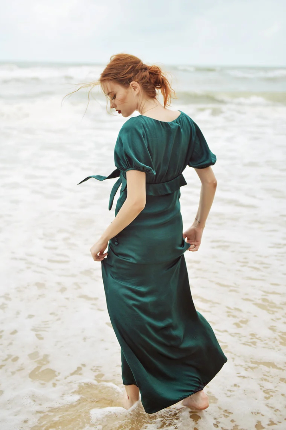Maxi Silk Dress - Emerald Silk Dress - Silk Dress with Sleeves - Bridesmaids Silk Dress - Long Silk Gown