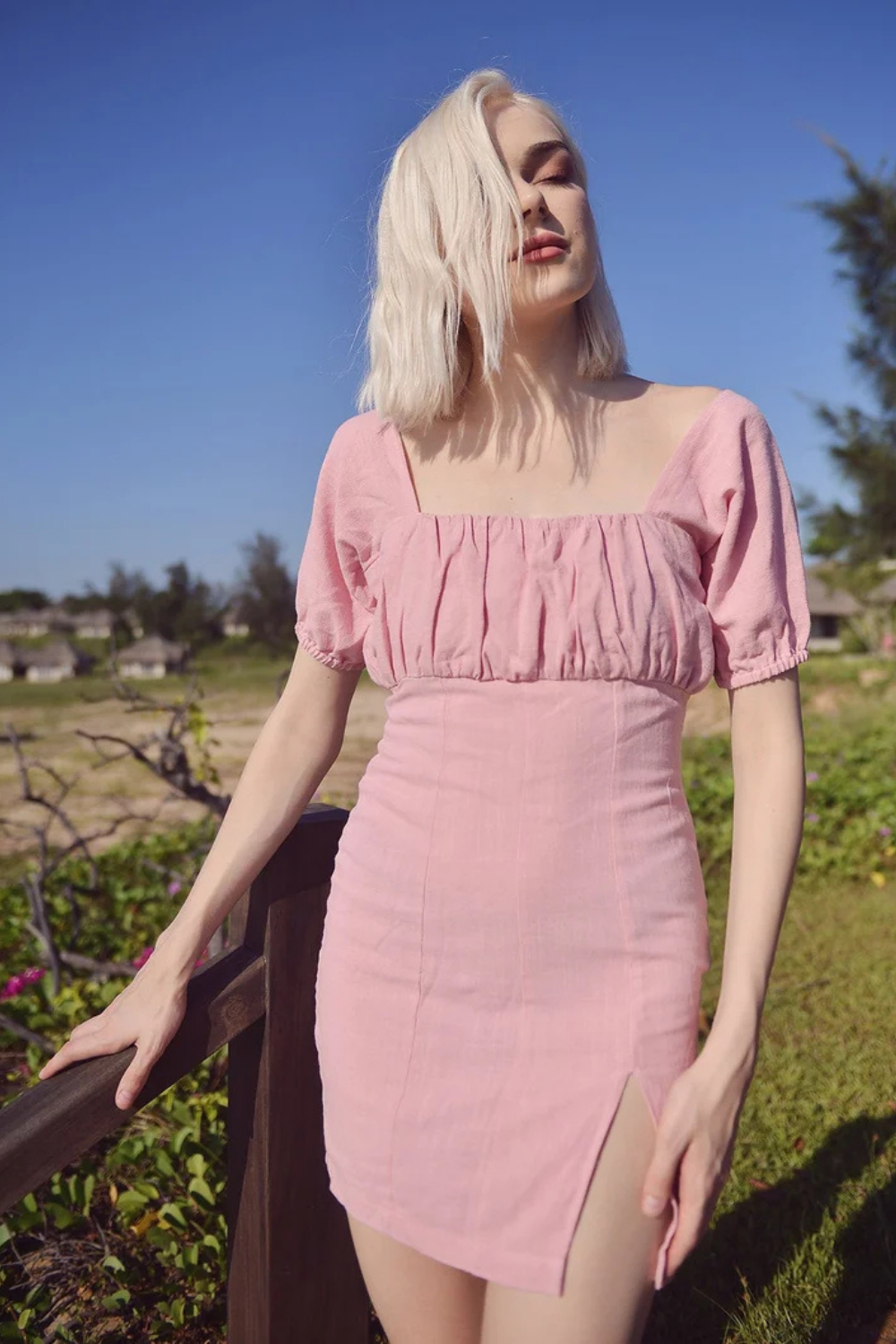 Bodycon Linen Mini Dress with Ruched Bust