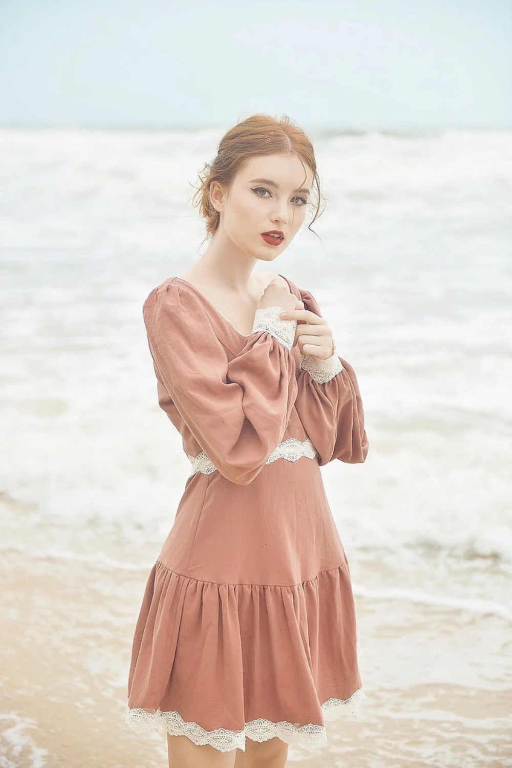 Cotton Dress Long Sleeves - Vintage Style Dress - Cotton Linen Midi Dress