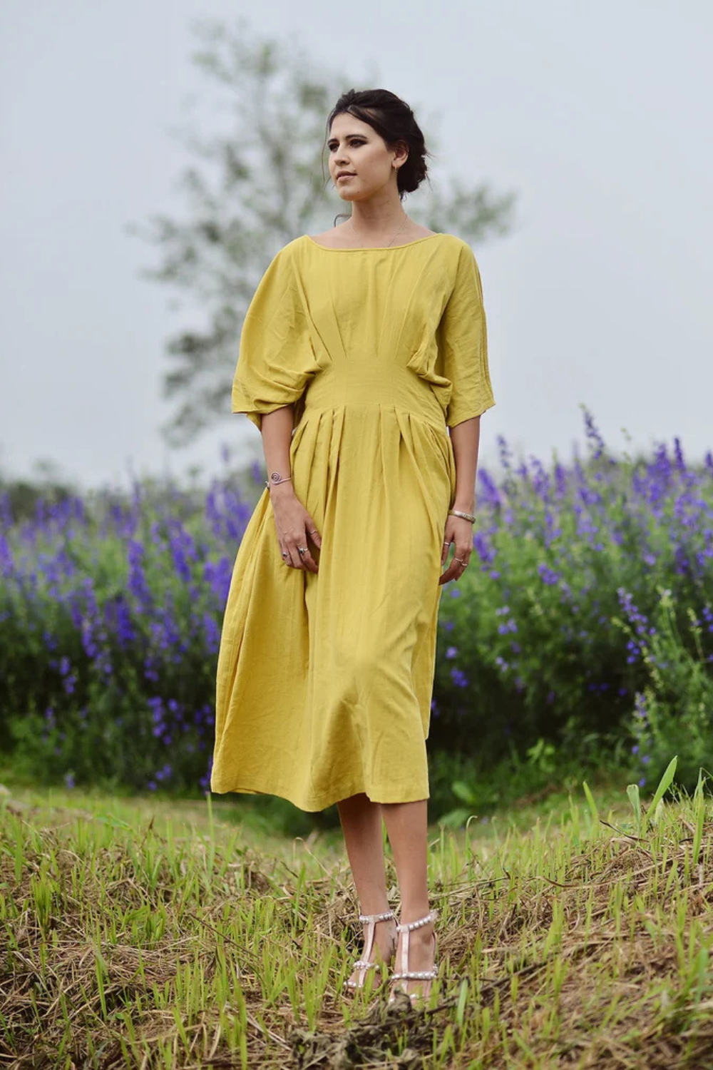 Linen Dress - Cotton Summer Dress - Women Midi Dress - Pleated Dress