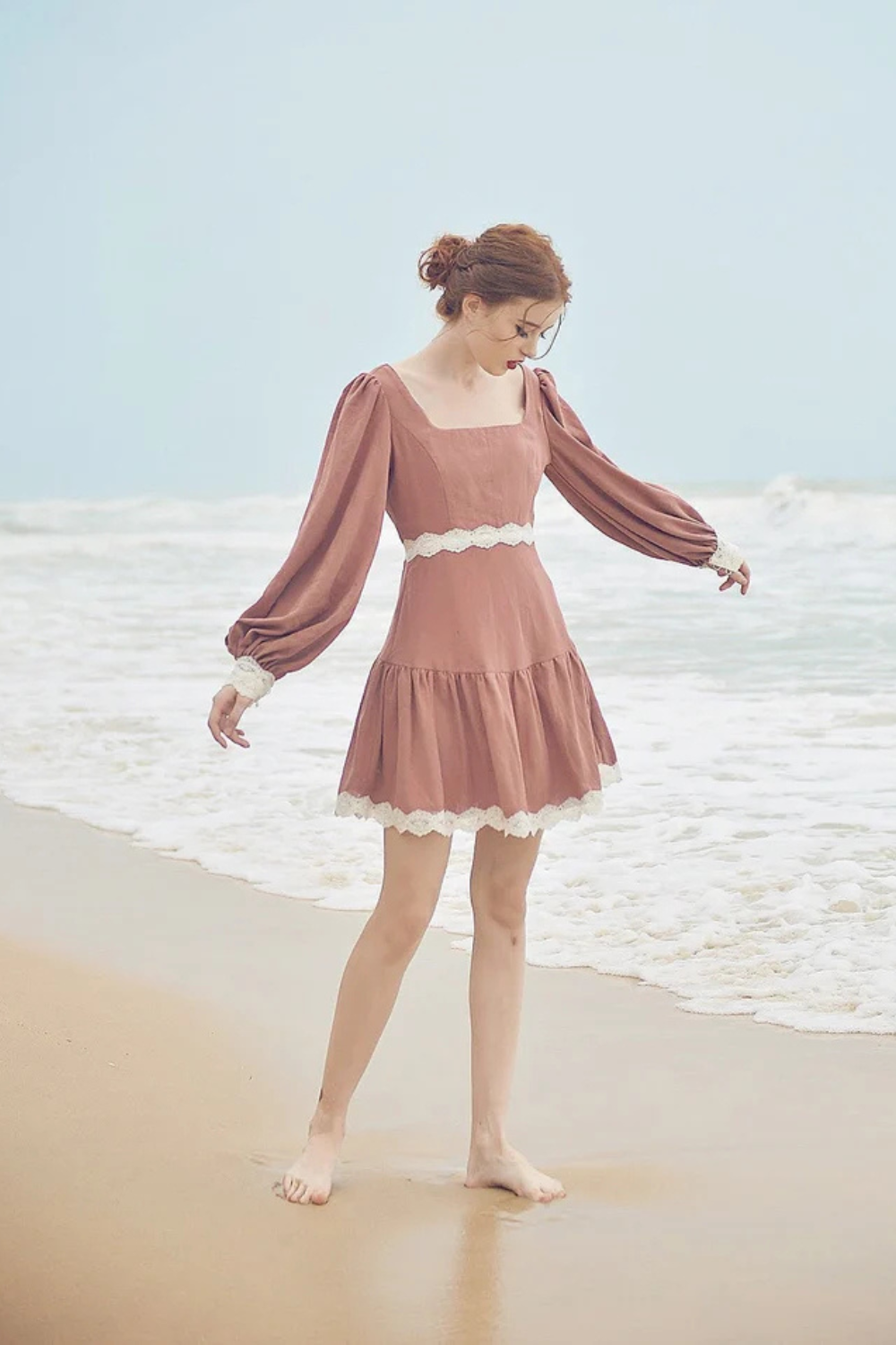 Cotton Dress Long Sleeves - Vintage Style Dress - Cotton Linen Midi Dress