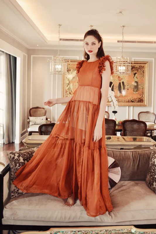 Sheer Voile Maxi Dress with Ruffle