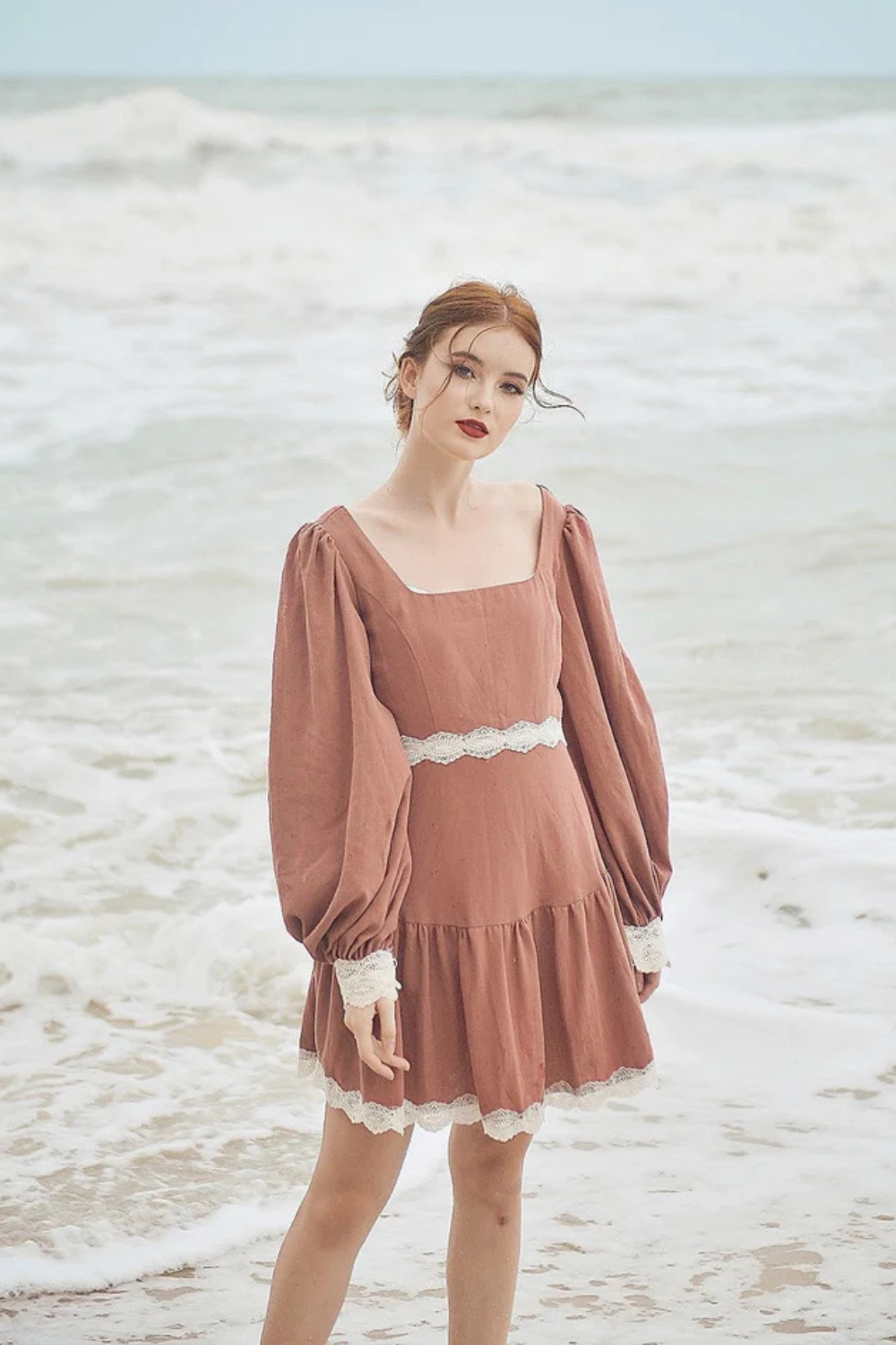 Cotton Dress Long Sleeves - Vintage Style Dress - Cotton Linen Midi Dress