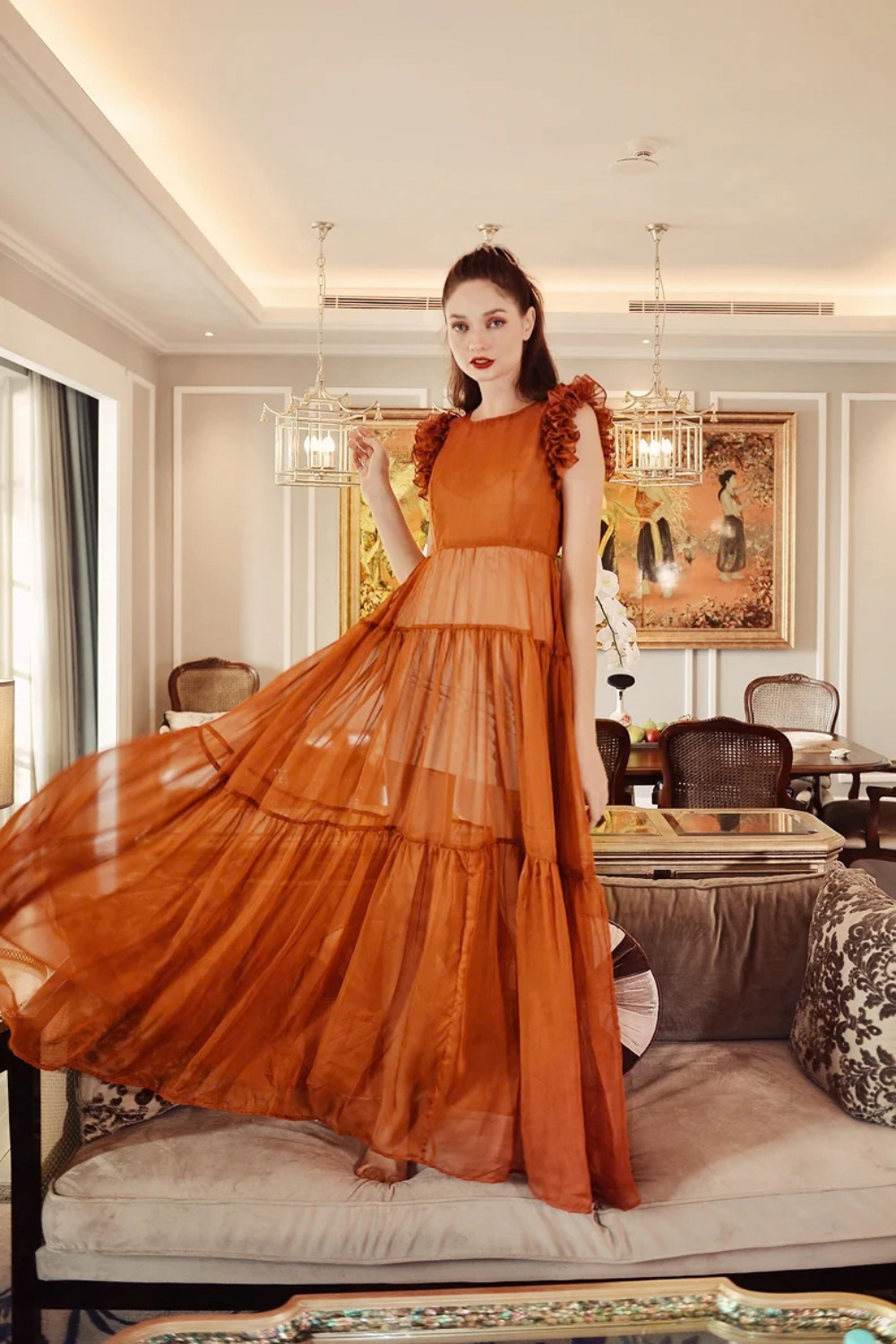 Sheer Voile Maxi Dress with Ruffle