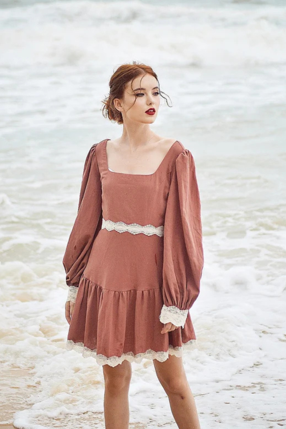 Cotton Dress Long Sleeves - Vintage Style Dress - Cotton Linen Midi Dress