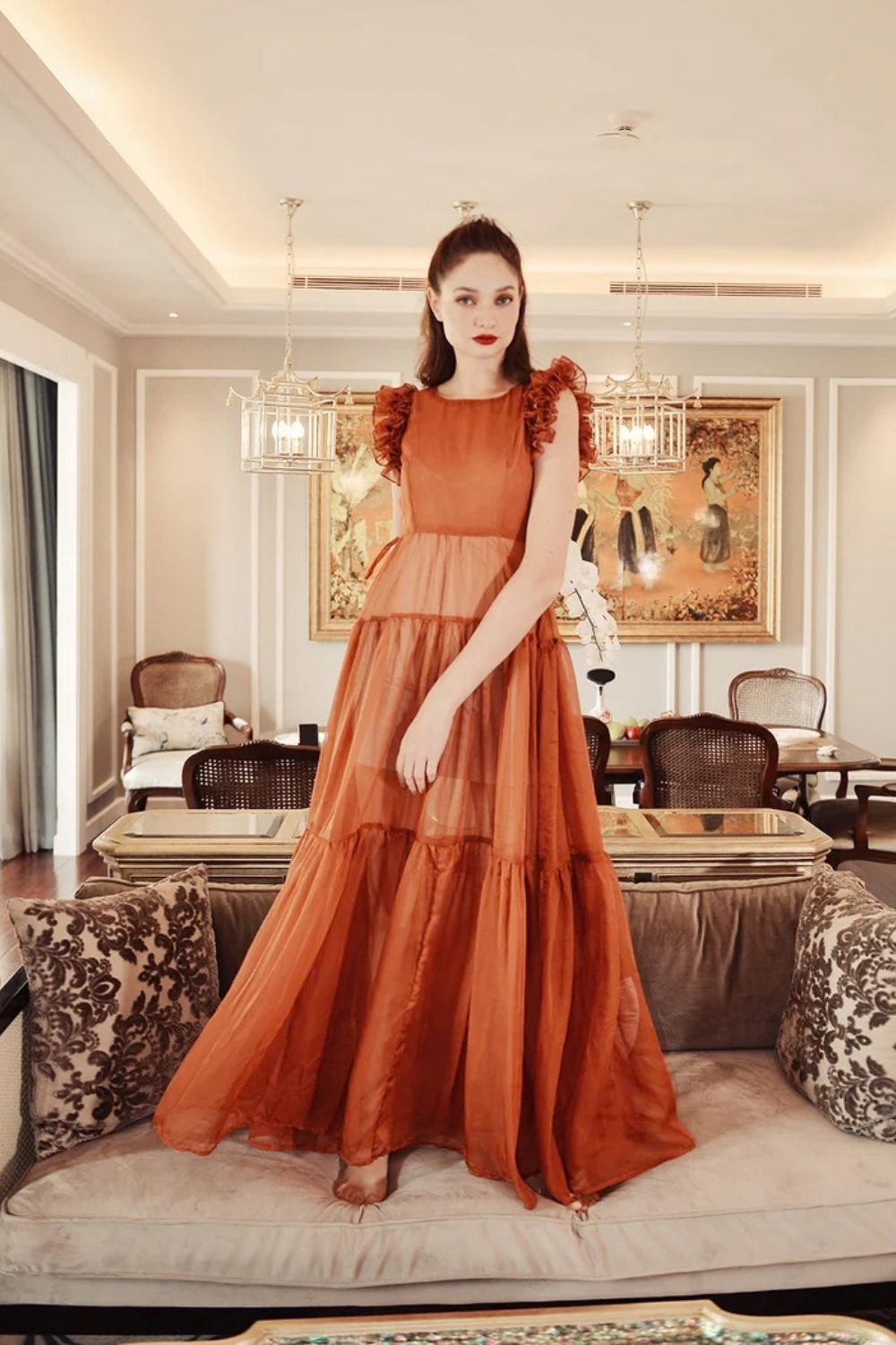 Sheer Voile Maxi Dress with Ruffle