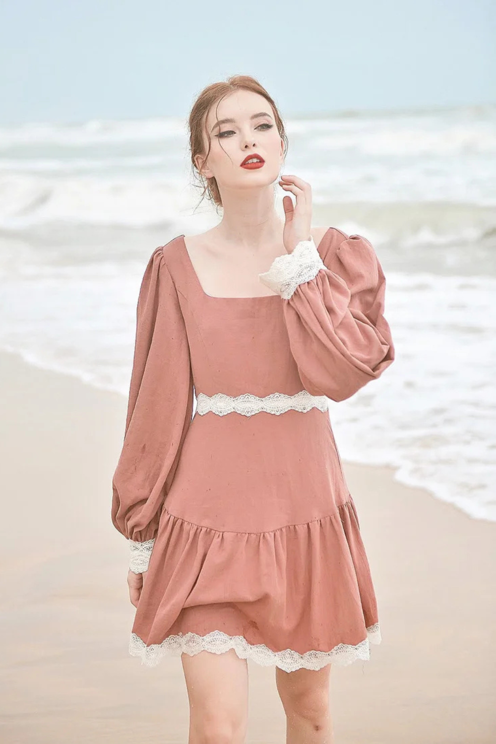 Cotton Dress Long Sleeves - Vintage Style Dress - Cotton Linen Midi Dress
