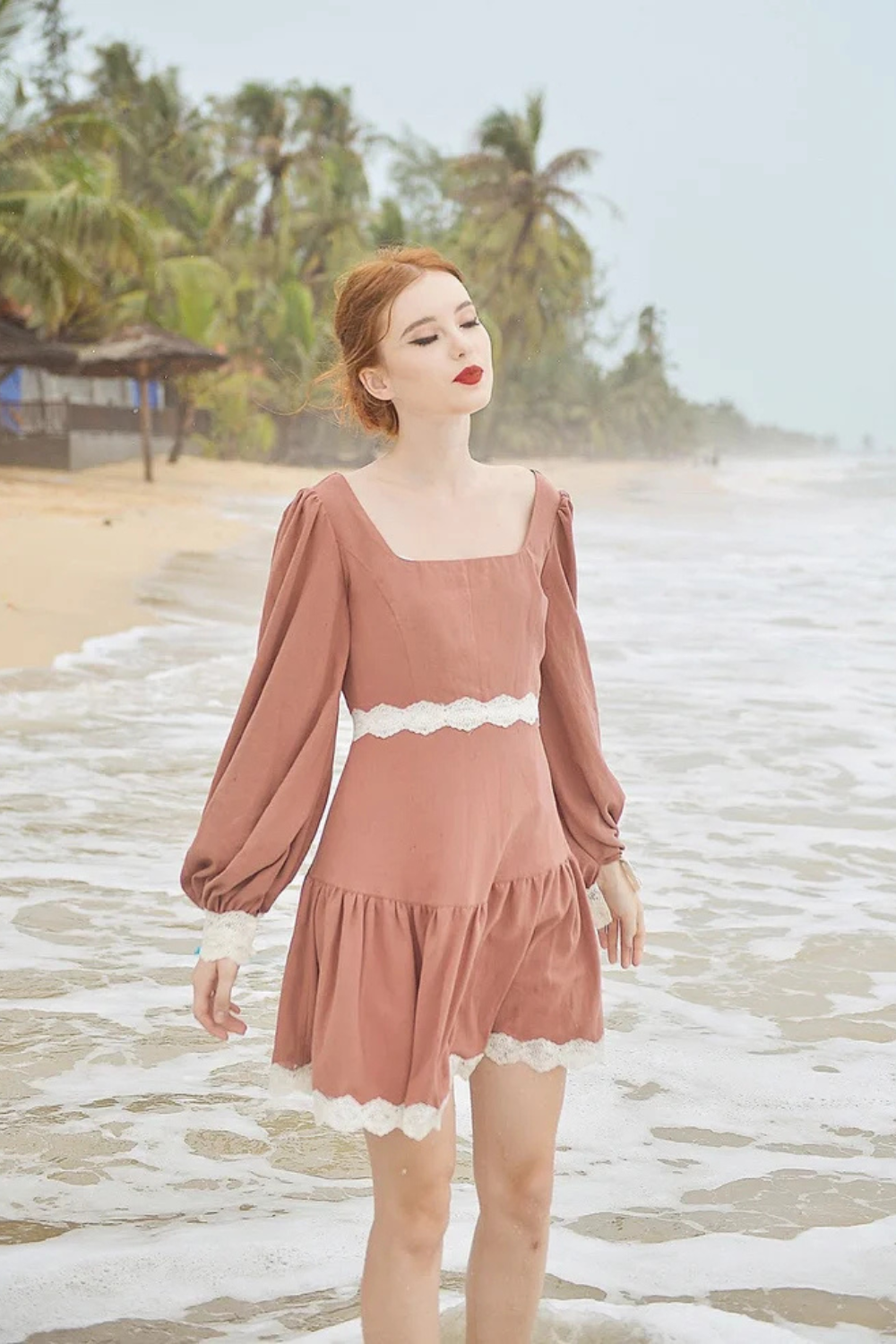 Cotton Dress Long Sleeves - Vintage Style Dress - Cotton Linen Midi Dress