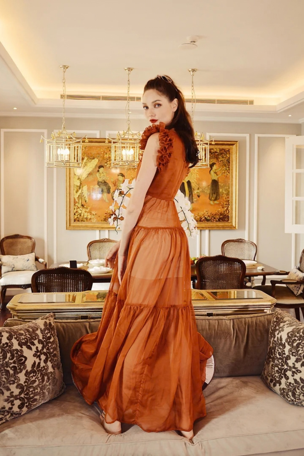 Sheer Voile Maxi Dress with Ruffle