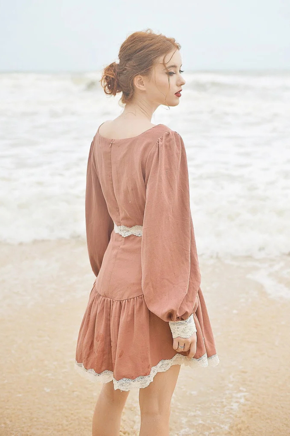 Cotton Dress Long Sleeves - Vintage Style Dress - Cotton Linen Midi Dress