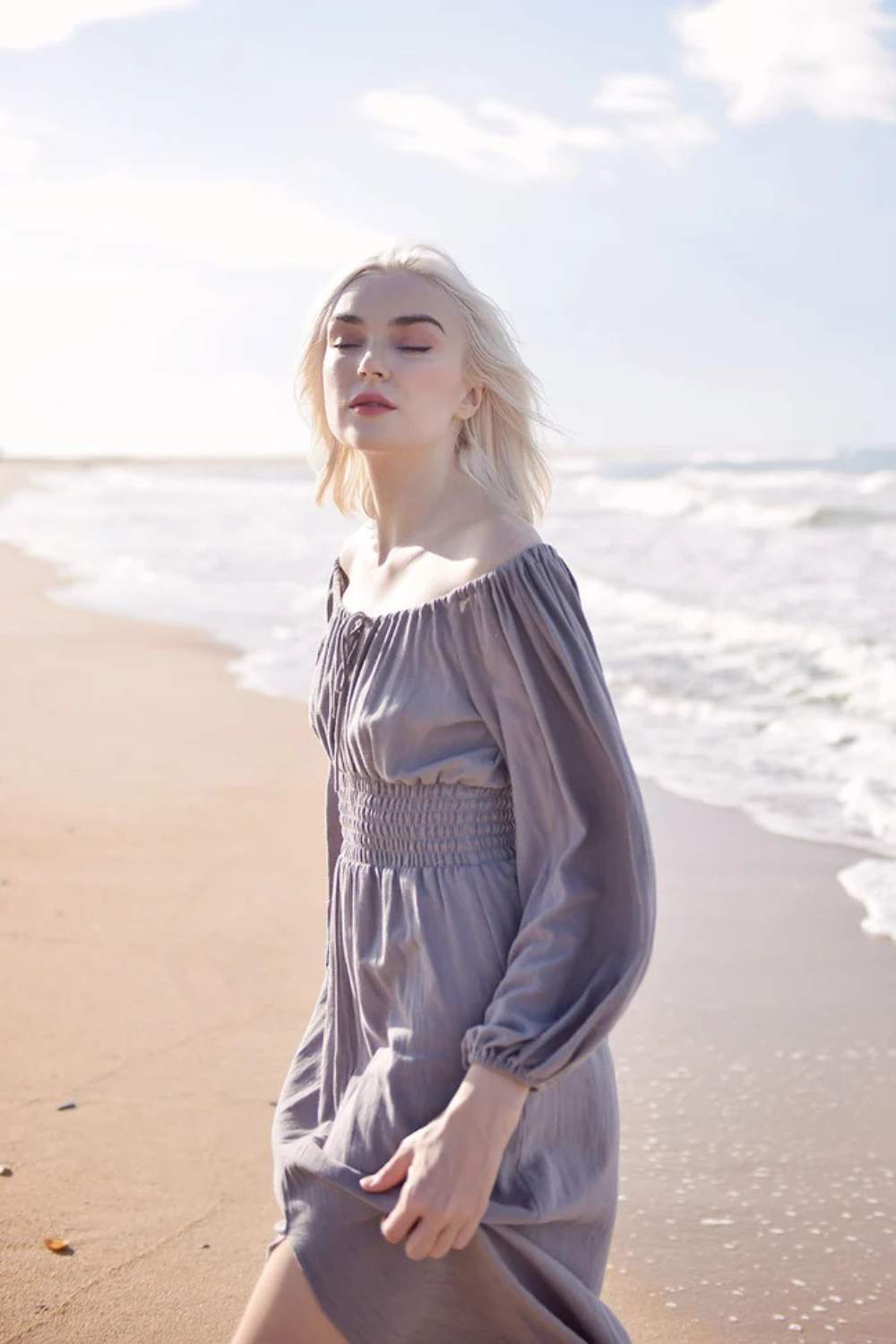 Off-shoulder Linen Dress - Long Sleeves Dress - Comfy FloorLength Dress - Natural Fabric