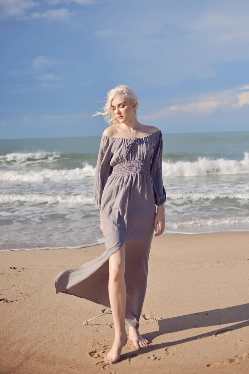 Off-shoulder Linen Dress - Long Sleeves Dress - Comfy FloorLength Dress - Natural Fabric
