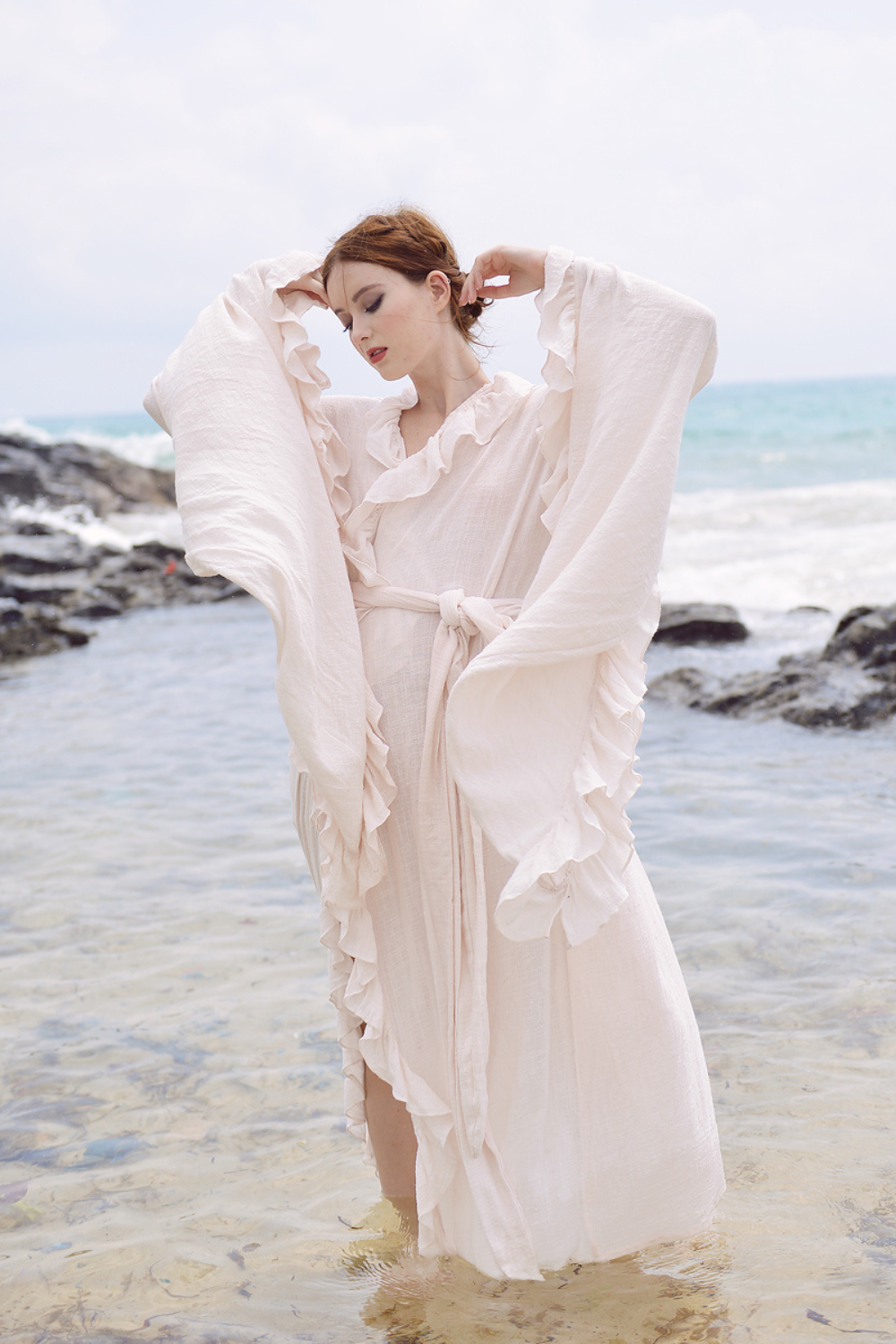 Linen Gauze Robe - Maxi Gauze Cover Up - Tie Waist Beach Robe - Women Ruffle Robe
