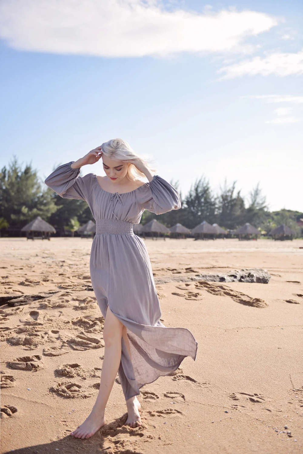 Off-shoulder Linen Dress - Long Sleeves Dress - Comfy FloorLength Dress - Natural Fabric