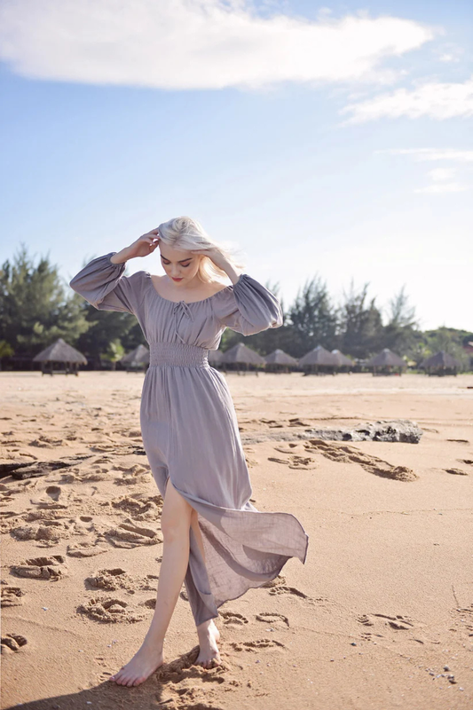 Off-shoulder Linen Dress - Long Sleeves Dress - Comfy FloorLength Dress - Natural Fabric