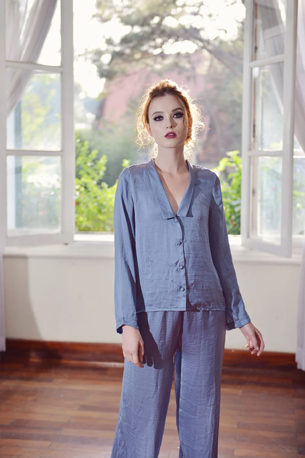 Long Sleeve Silk Pajamas Set