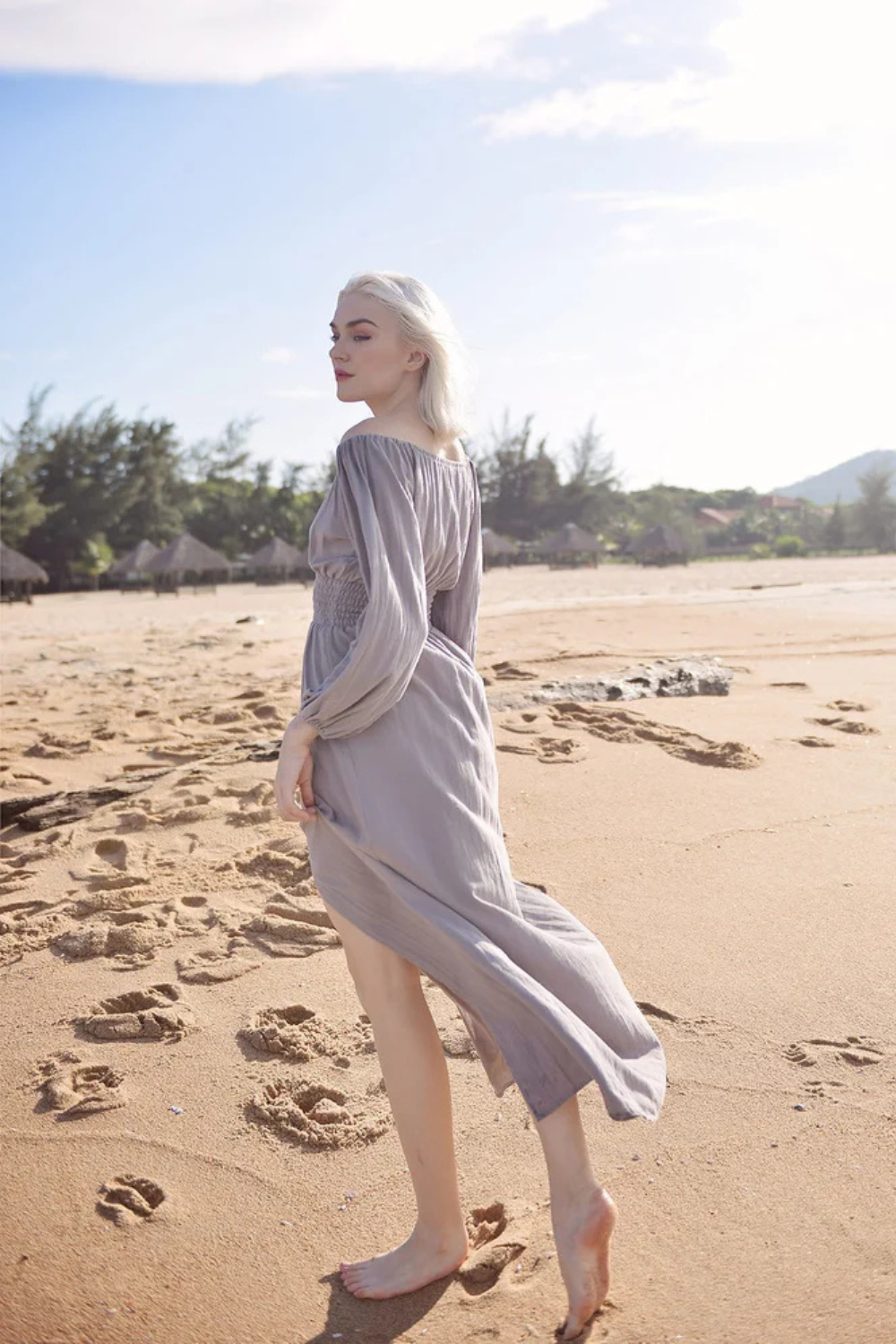 Off-shoulder Linen Dress - Long Sleeves Dress - Comfy FloorLength Dress - Natural Fabric