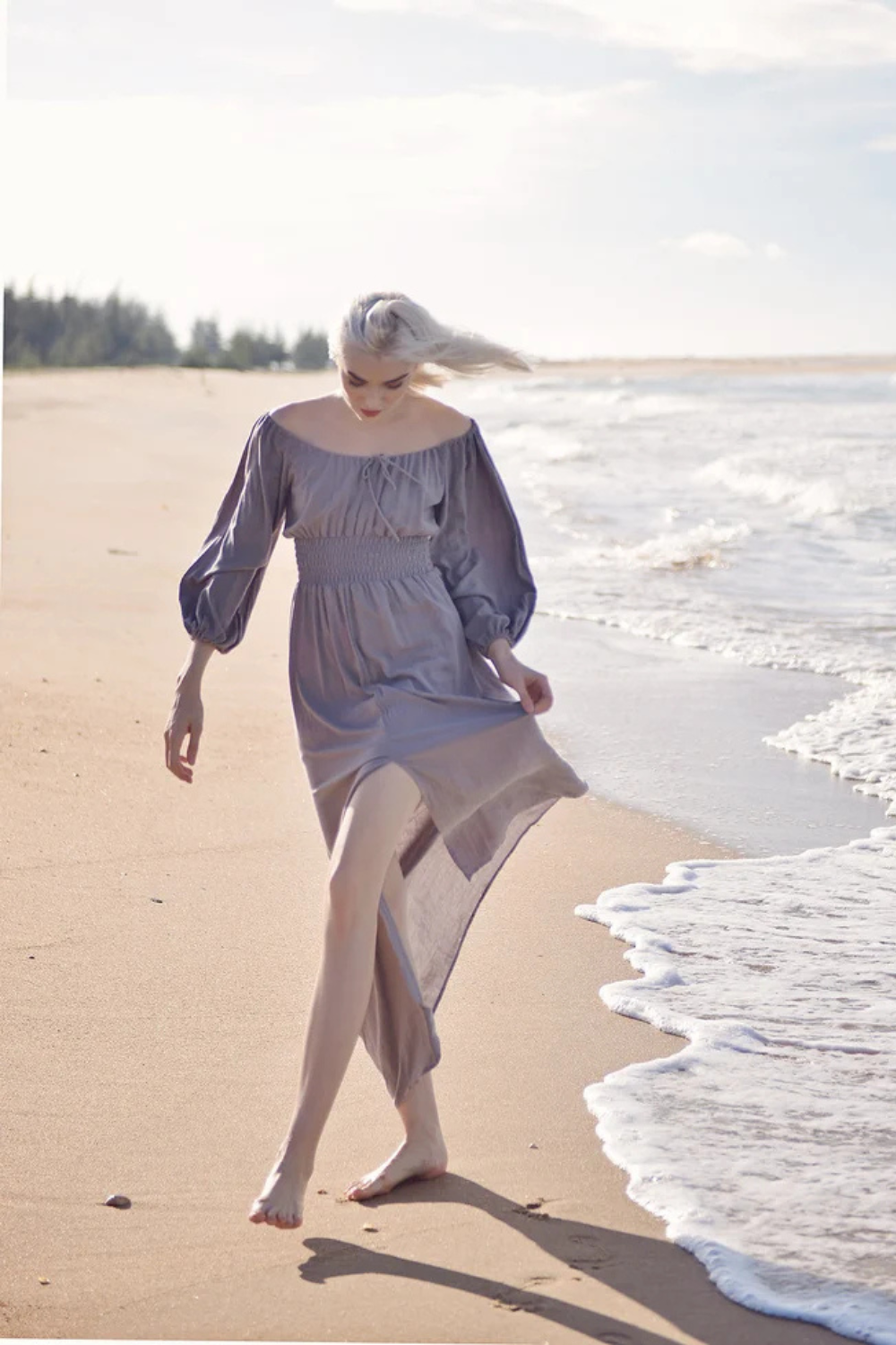 Off-shoulder Linen Dress - Long Sleeves Dress - Comfy FloorLength Dress - Natural Fabric