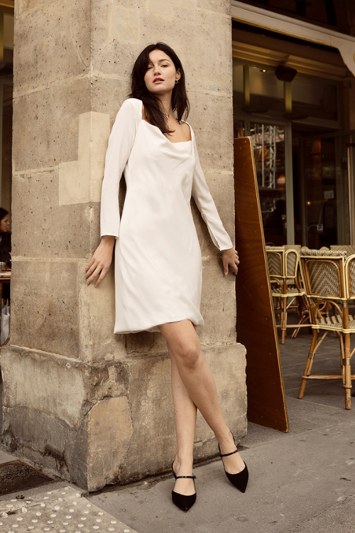 Silk Dress White Bell Sleeve - Women Mini Silk Dress - Cowl Neck Dress - Silk Dress - Mulberry Silk Dress